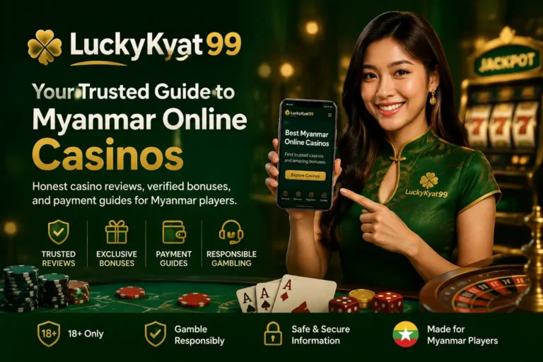LuckyKyat99 Myanmar online casino sites guide banner featuring casino reviews, bonuses, payment methods, and responsible gambling information